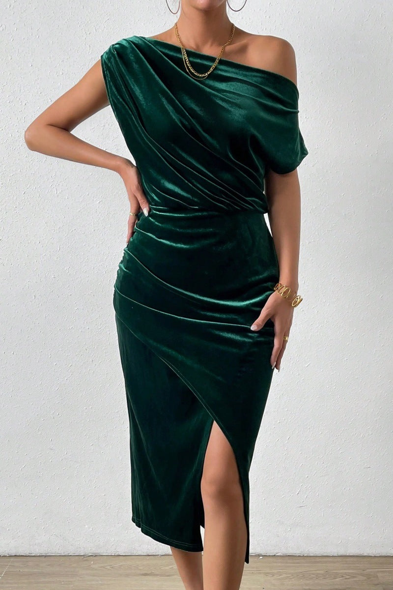Damen Elegantes Schulterfreies Midikleid im Fließenden Design