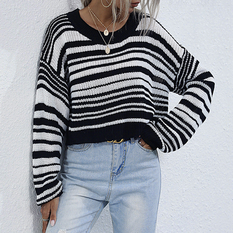Damen Cropped-Strickpullover mit Off-Shoulder, lockerer Oversize-Passform & Streifenmuster Shop Nory