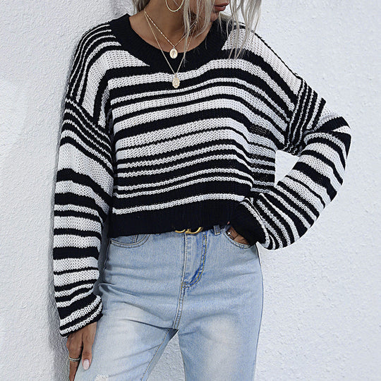 Damen Cropped-Strickpullover mit Off-Shoulder, lockerer Oversize-Passform & Streifenmuster Shop Nory