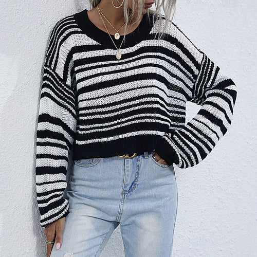 Damen Cropped-Strickpullover mit Off-Shoulder, lockerer Oversize-Passform & Streifenmuster Shop Nory
