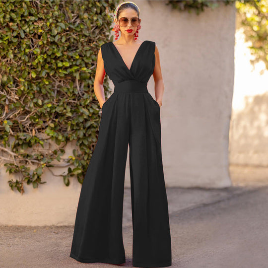 Damen Jumpsuit mit tiefem V-Ausschnitt und weit geschnittenem Bein