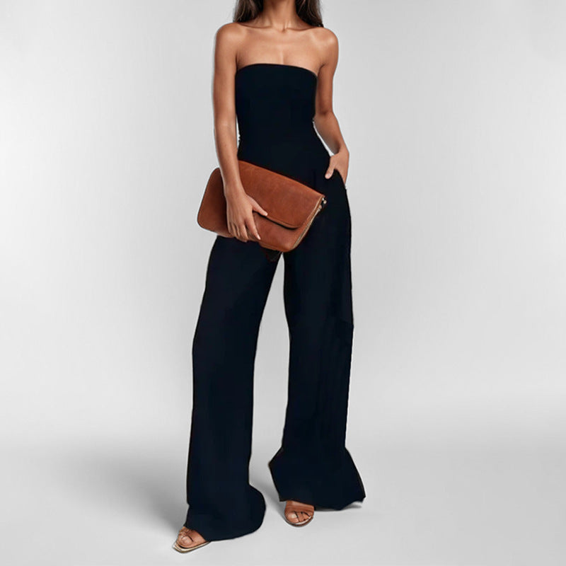 Damen elegantes Maxi-Jumpsuit mit schulterfreiem Design und praktischen Seitentaschen Shopnory