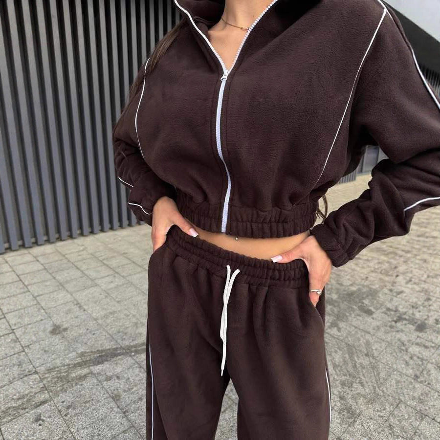 Damen Gekürztes Zip-Fleece-Set mit tailliertem Kordelbund und weitem Hosenbein Shop Nory