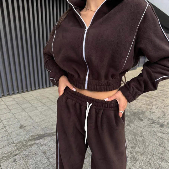 Damen Gekürztes Zip-Fleece-Set mit tailliertem Kordelbund und weitem Hosenbein Shop Nory