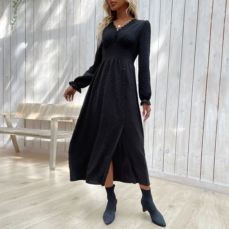 Damen Midikleid mit strukturierter Tupfen-Optik, V-Ausschnitt und tailliertem Empire-Schnitt Shop Nory