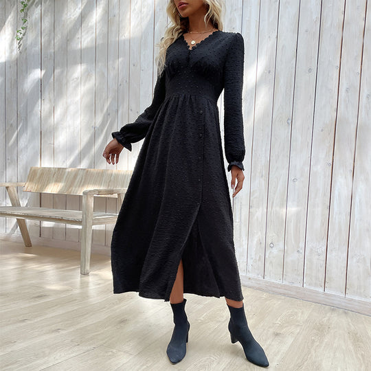 Damen Midikleid mit strukturierter Tupfen-Optik, V-Ausschnitt und tailliertem Empire-Schnitt Shop Nory