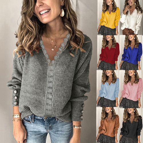 Damen Oversize Feinstrickpullover mit Spitzen‑V‑Ausschnitt und Zierknopfärmeln Shop Nory