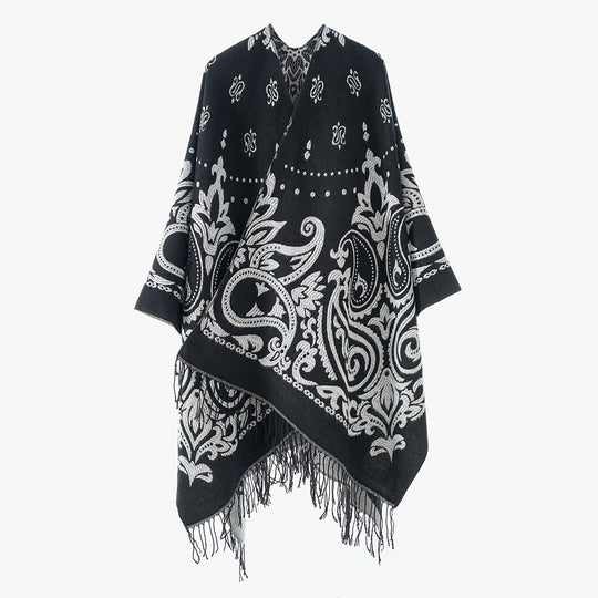 Damen Opulenter Jacquard‑Poncho im Kaftan‑Stil mit Fransen und Paisley‑Relief Shop Nory