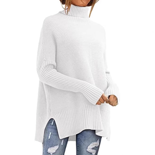 Damen Oversize-Rippenstrick Rollkragenpullover mit Seitenschlitzen und verlängertem Saum Shop Nory