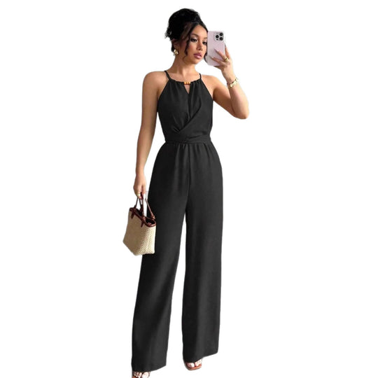 Damen Ärmelloser Neckholder-Jumpsuit mit Wickeloberteil und weitem Bein Shop Nory