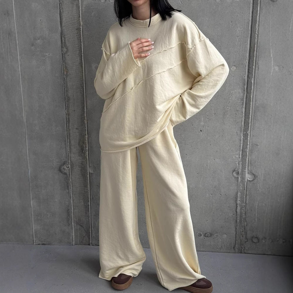 Damen weiches Oversize Lounge-Set mit diagonalem Ziernähten und extra weiter Palazzo-Hose Shop Nory