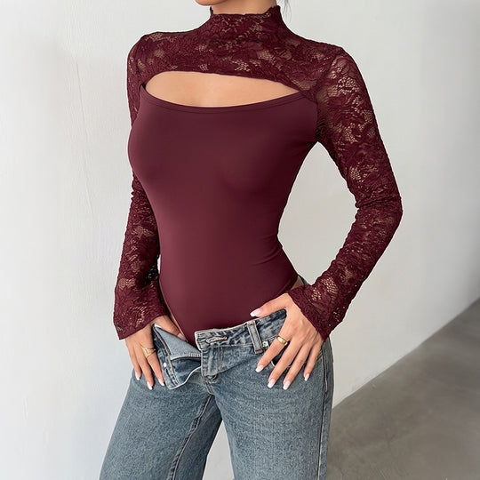 Damen Spitzen-Bodysuit mit Cut-Out, Carmen‑Optik und ausgestellten Trompetenärmeln Shop Nory