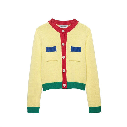 Damen Kurzer Grobstrick-Cardigan mit Kontrastblenden und Zierklappentaschen Shop Nory