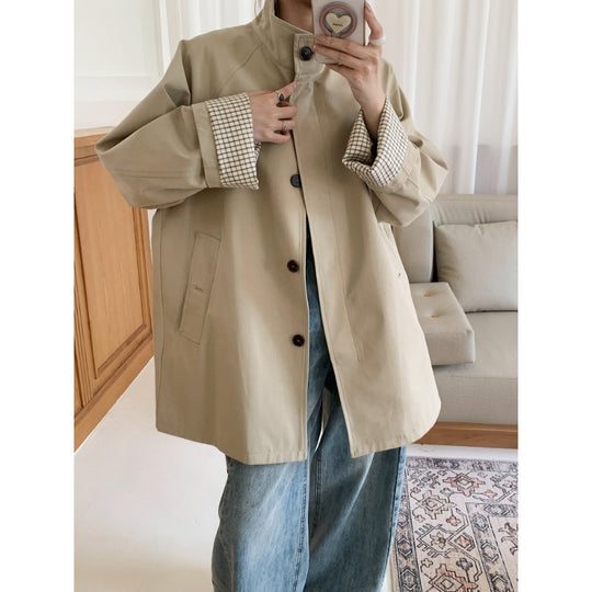 Damen Oversize-Mantel mit Stehkragen und kariertem Ärmelsaum Shop Nory