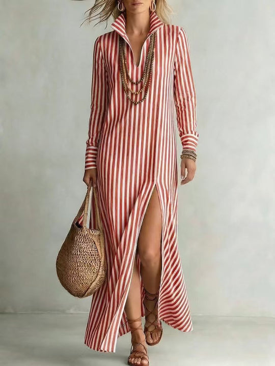 Damen Langes Hemdkleid im Streifen-Look mit Kragen, langen Ärmeln und hohem Beinschlitz Shop Nory