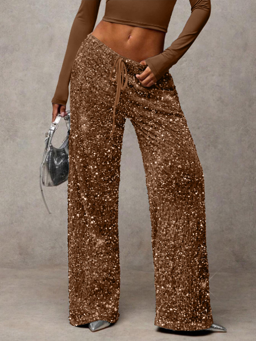 Damen Pailletten-Palazzohose mit hohem Bund und Kordelzug Shop Nory