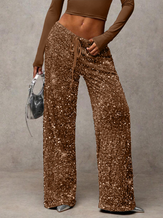 Damen Pailletten-Palazzohose mit hohem Bund und Kordelzug Shop Nory