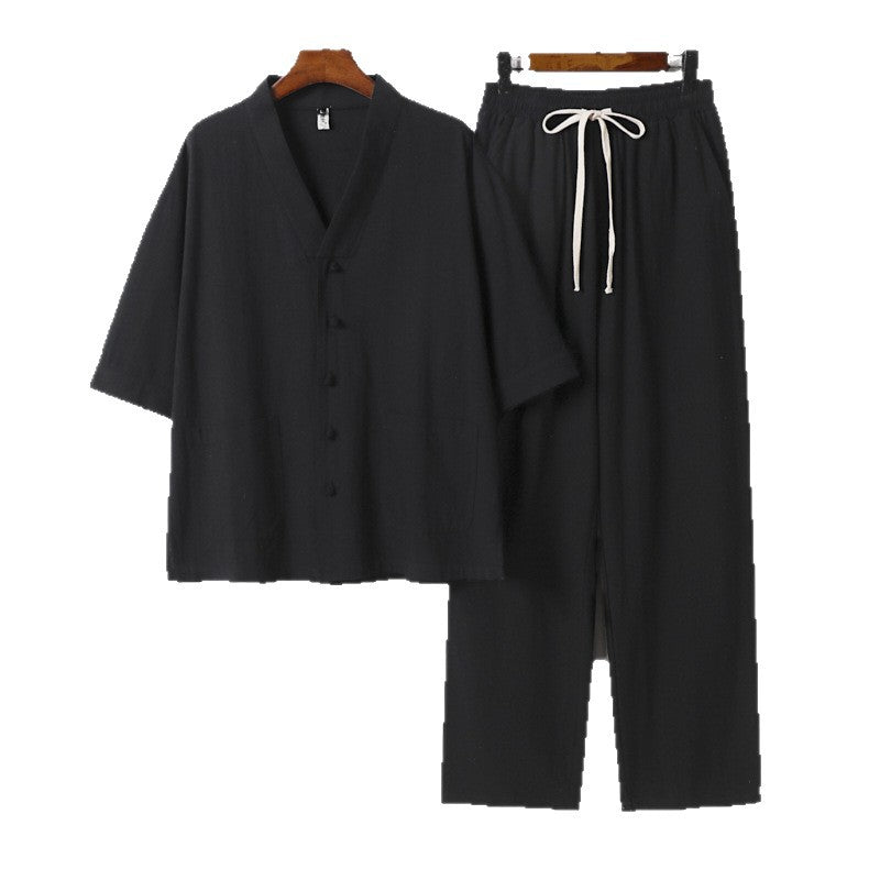 Herren Kimono-Zweiteiler aus Leinenmischung mit V-Ausschnitt, aufgesetzten Taschen und Kordelbundhose Shop Nory