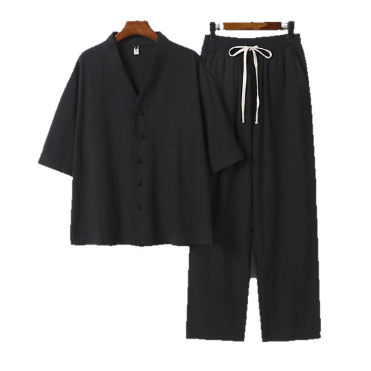 Herren Kimono-Zweiteiler aus Leinenmischung mit V-Ausschnitt, aufgesetzten Taschen und Kordelbundhose Shop Nory