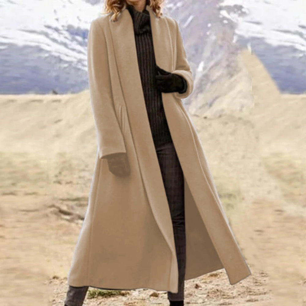 Damen eleganter langer Wollmix-Mantel mit offenem Fall und seitlichen Eingrifftaschen Shop Nory