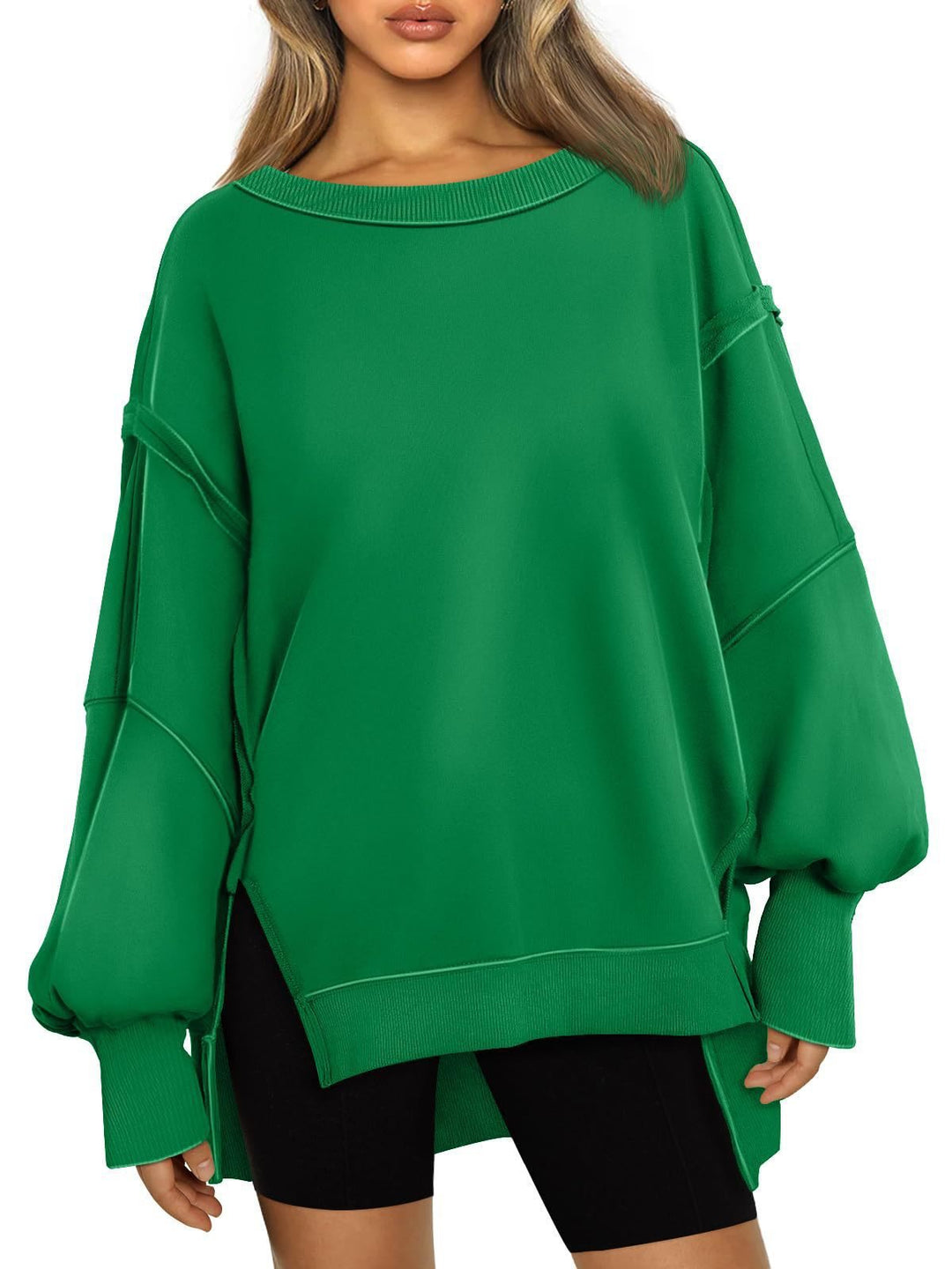 Damen Weiches Longline-Sweatshirt mit Ballonärmeln, seitlichen Schlitzen und geripptem Saum Shop Nory