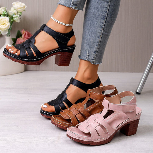 Damen Komfortable Riemchen-Sandalen mit geschwungenem Absatz und atmungsaktivem Leder
