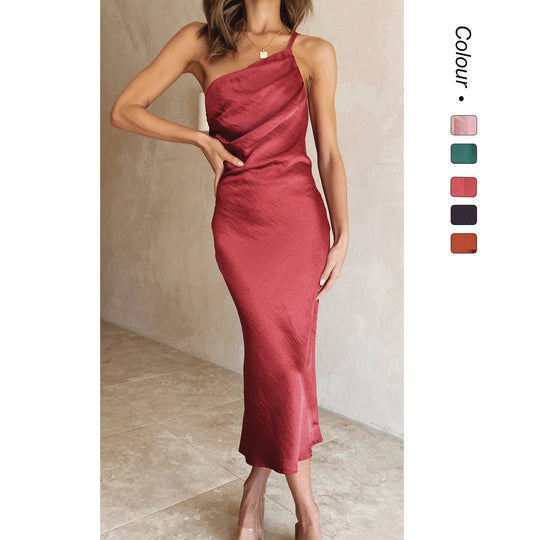 Damen Satin-Midikleid mit asymmetrischem Schnitt und elegantem Flair