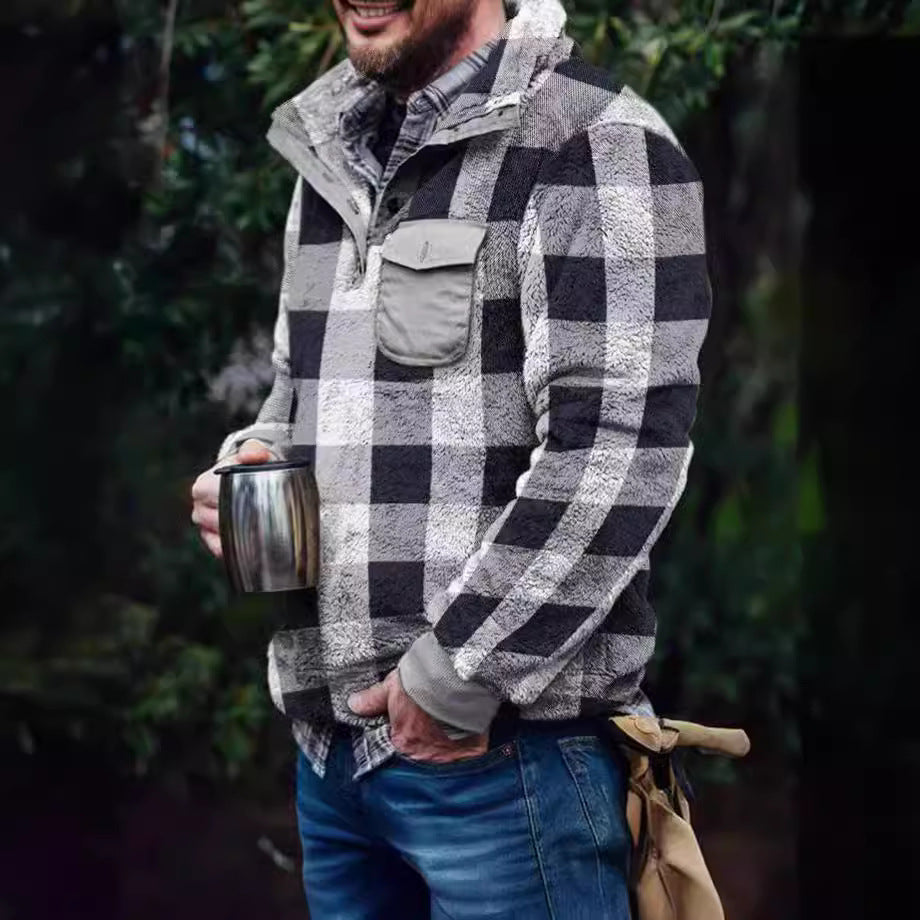 Herren Fleece-Pullover mit Karomuster und Hohem Kragen