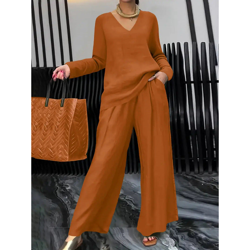 Damen Feiner V-Ausschnitt Strickpullover mit fließender Palazzo-Hose Shop Nory