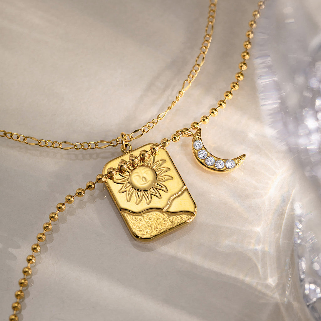 Damen Mehrlagige Halskette mit Sonnen- und Mondanhängern Shop Nory