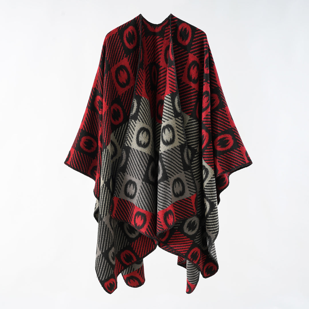 Damen Jacquard-Wickelponcho aus feinem Strick mit grafischem Kreis-Jacquard und offener Kimono-Silhouette Shop Nory