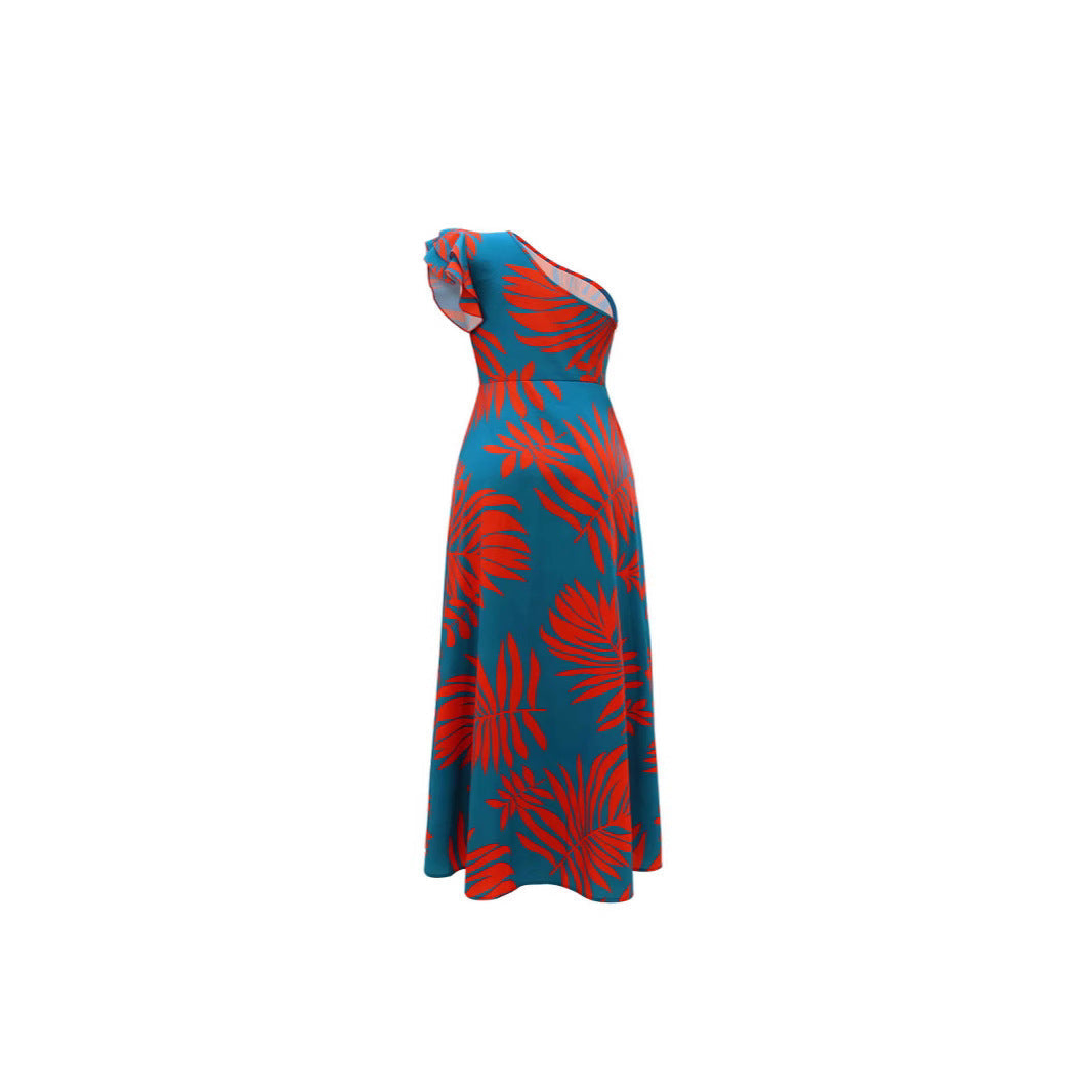 Damen Maxikleid mit asymmetrischen Rüschen und hohem Schlitz