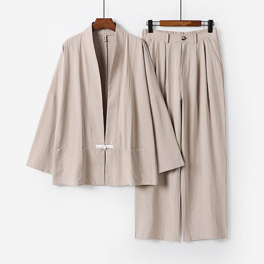 Damen Kimono-Lounge-Set aus leichtem Viskose-Leinen mit dekorativem Knebelverschluss und weiter Bundhose Shop Nory