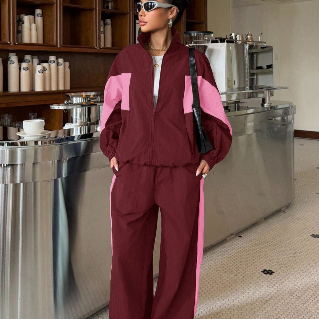 Damen Weites Nylon-Trackset mit Crop-Jacke, Zip-Kragen und Kontraststreifen Shop Nory