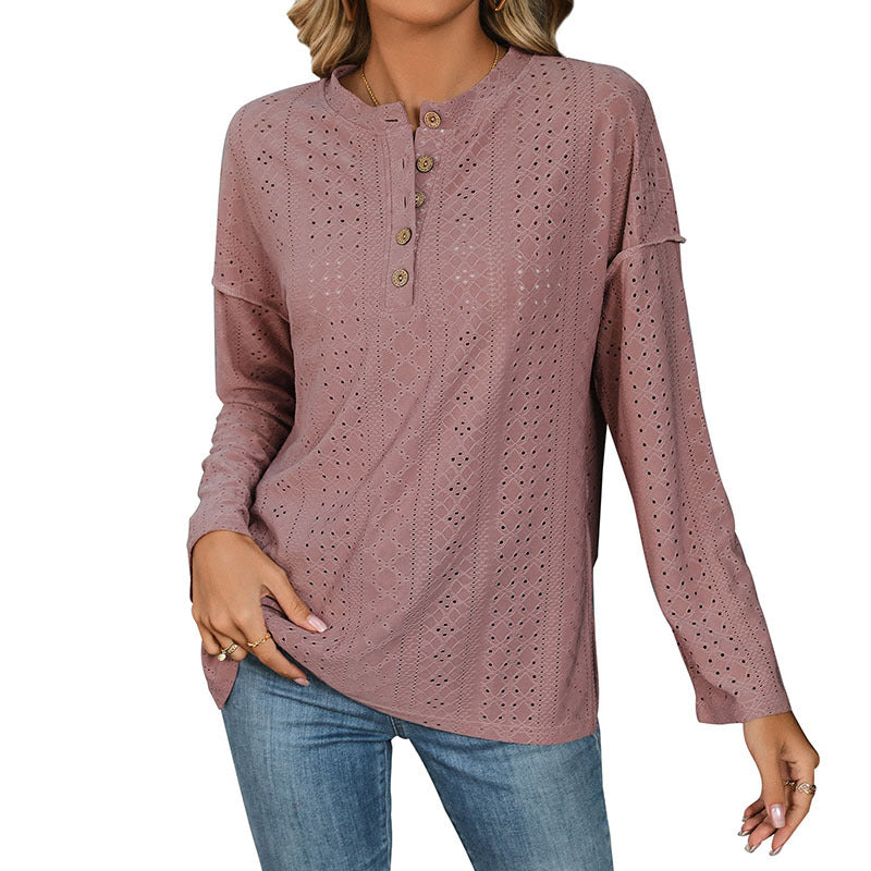Damen Langärmelige Broderie-Anglaise-Bluse mit Henley-Knopfleiste & seitlichen Schlitzen Shop Nory