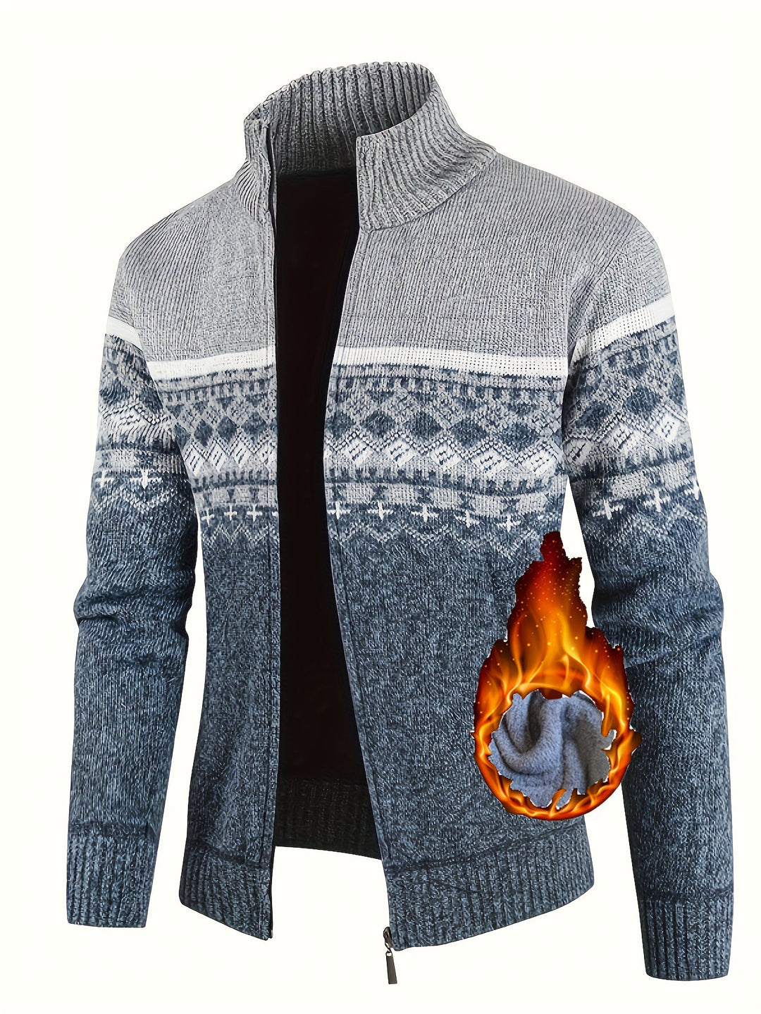Herren Thermo-Strickjacke mit Stehkragen und Reißverschluss Norwegerstrick Fleece-gefüttert Shop Nory