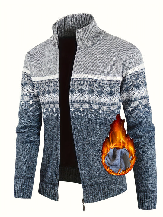 Herren Thermo-Strickjacke mit Stehkragen und Reißverschluss Norwegerstrick Fleece-gefüttert Shop Nory