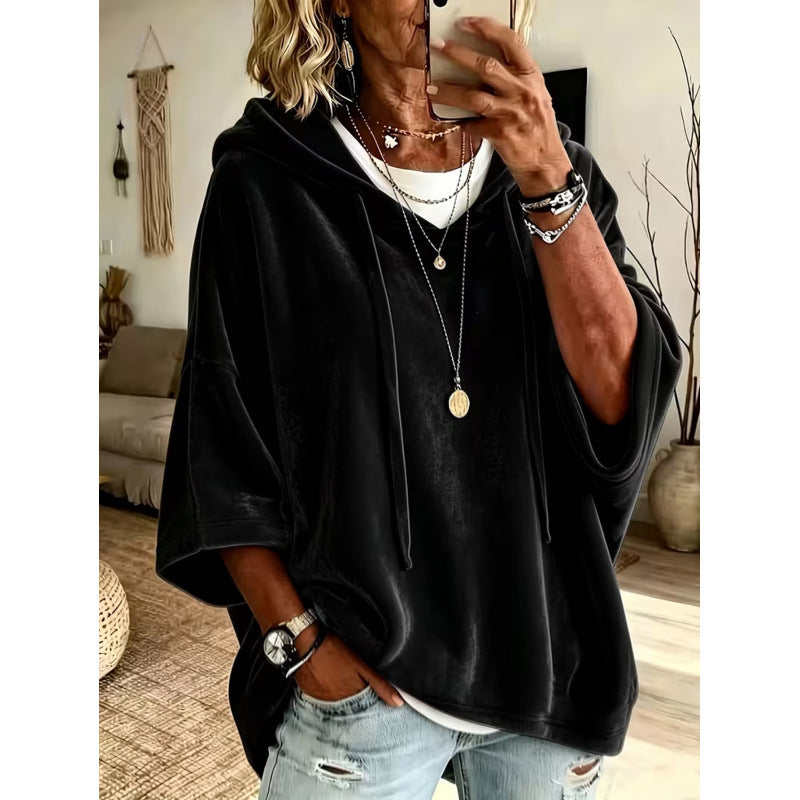 Damen Luxuriöser Samt-Hoodie mit Kimono-Kurzärmeln und Tunnelzug Shop Nory
