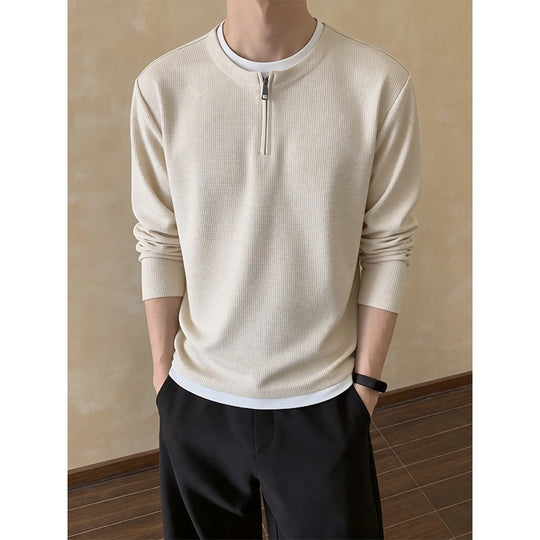 Herren Strukturiertes Langarm-Pullover mit halbem Reißverschluss und Kontrastbesatz Shop Nory
