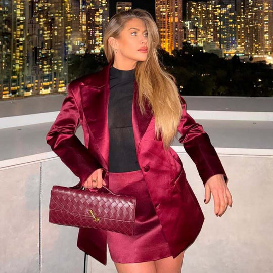 Damen eleganter Satin Blazer mit passendem Minirock Shopnory