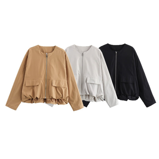 Damen Leichte Cropped-Workerjacke ohne Kragen mit Frontreißverschluss und Pattentaschen Shop Nory