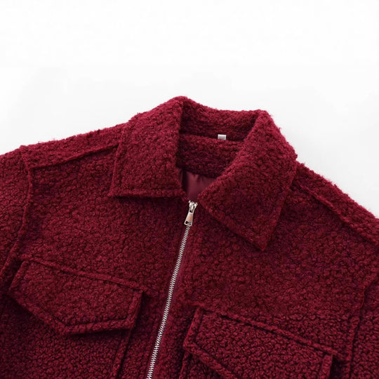 Damen Kurzgeschnittene Sherpa-Jacke mit Reißverschluss und aufgesetzten Pattentaschen Shop Nory