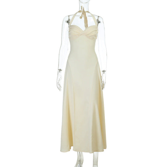 Damen elegantes Maxikleid mit Halter-Ausschnitt und fließendem Satin-Stoff