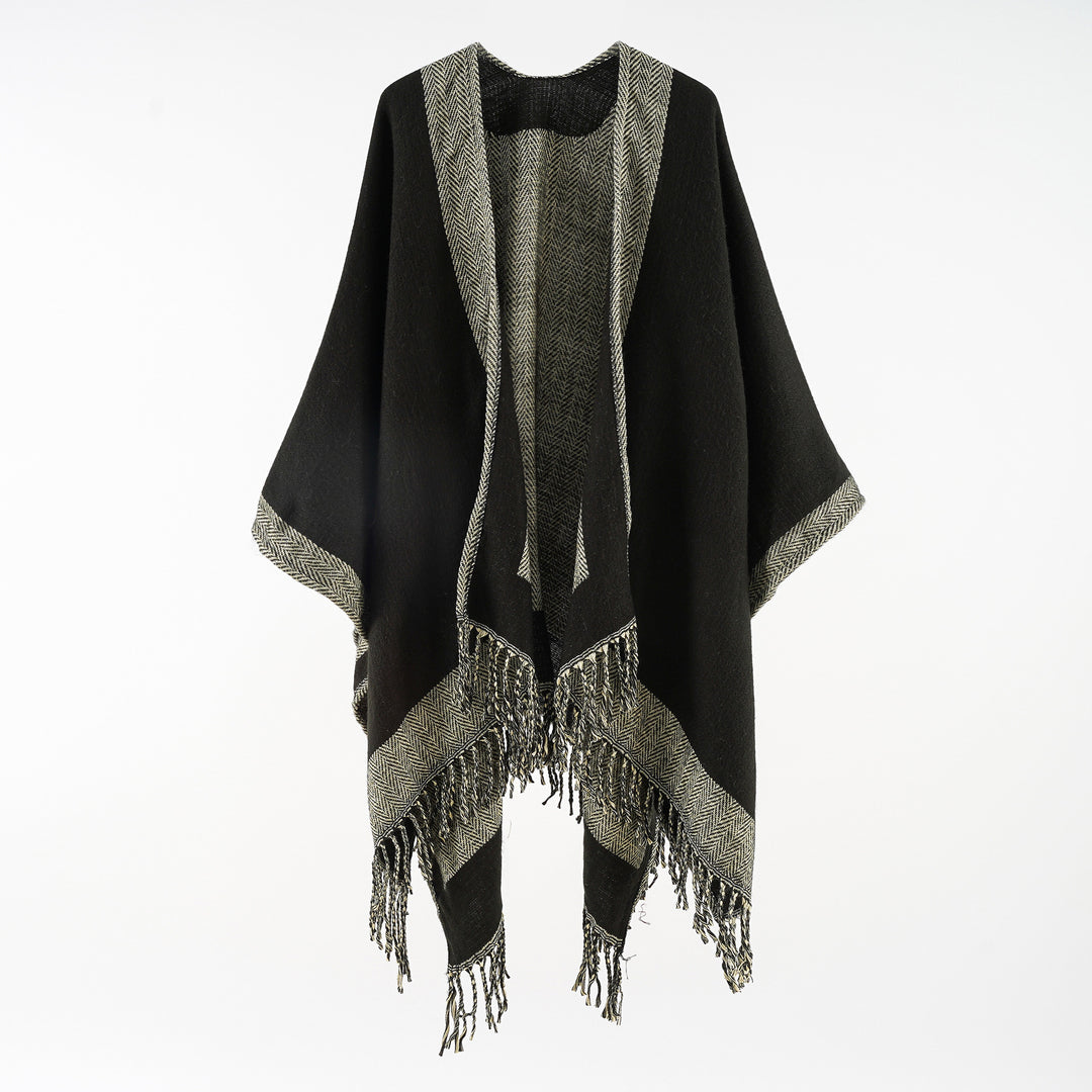 Damen Ruana‑Poncho mit Fransensaum und Fischgrät‑Webstruktur Shop Nory