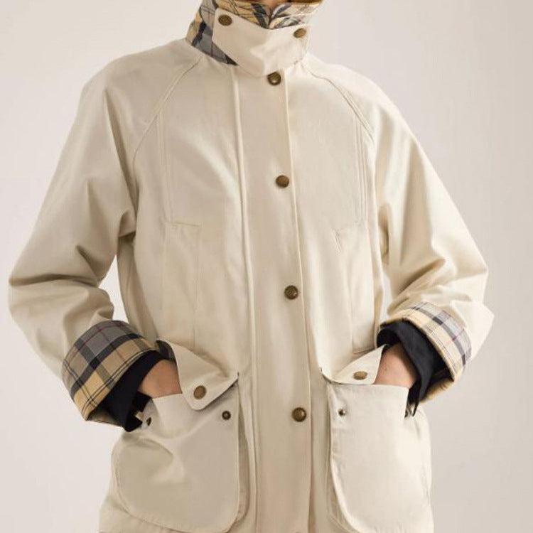 Damen Übergangsjacke mit Cordkragen, Karo-Innenmanschetten und aufgesetzten Taschen Shop Nory