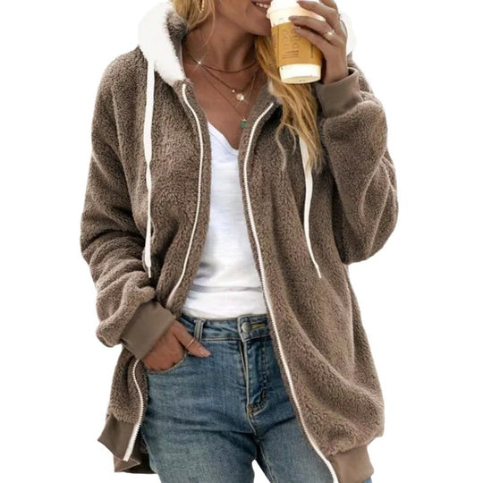 Damen Oversized Sherpa-Zipjacke mit Kontrastkragen, Rippbündchen und Kordelzug Shop Nory