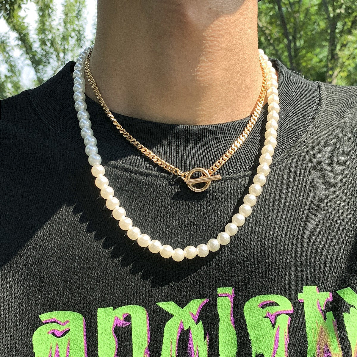 Damen Halskette mit modischem Perlen- und Gliederketten-Design Shop Nory