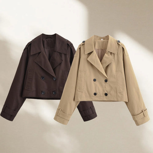 Damen Cropped Manteljacke im Trenchstil mit doppelreihiger Knopfleiste und Schulterklappen Shop Nory