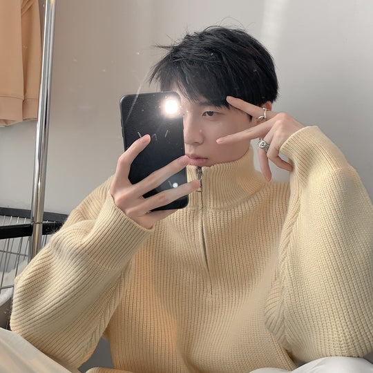 Herren Modischer Strickpullover mit hohem Kragen und Reißverschluss Shop Nory