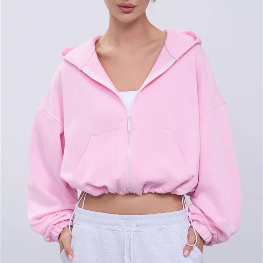 Damen legeres Cropped-Fleece-Hoodie mit Tunnelzugbund, Raglanärmeln und Reißverschluss Shop Nory